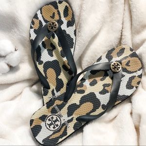 Tory Burch Black Leopard Print Flip Flops